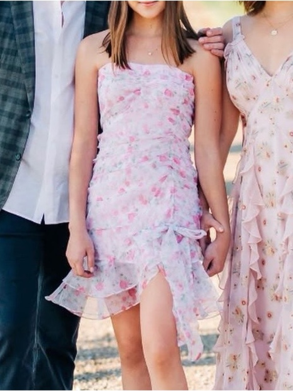 For Love And Lemons Pink Floral Ruffle Strapless Mini Dress